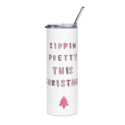 20oz Stainless Tumbler — "Sippin' Pretty This Christmas" Pink Holiday Travel Cup